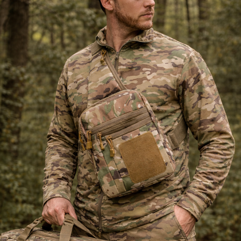 Person wearing a camouflage outfit with a crossbody bag in a forest setting