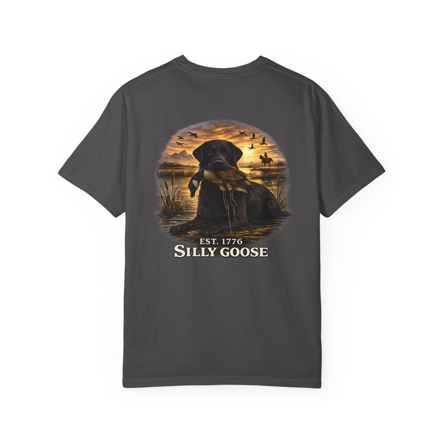 Gray t-shirt with a graphic of a dog and sunset scene on the back, featuring the text 'Silly Goose'.