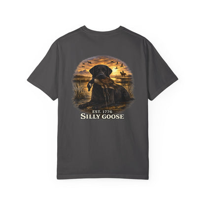 Gray t-shirt with a graphic of a dog and sunset scene on the back, featuring the text 'Silly Goose'.