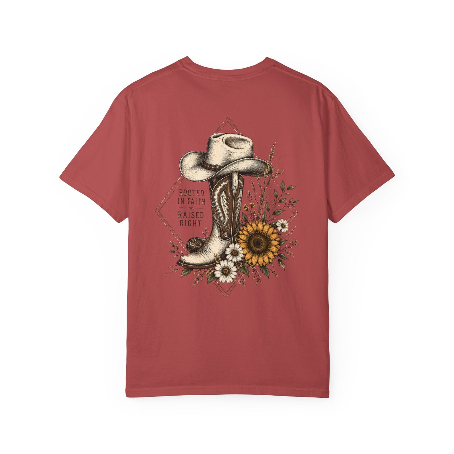 Cowboy Boot & Sunflower T-Shirt — "Rooted in Faith Raised Right"