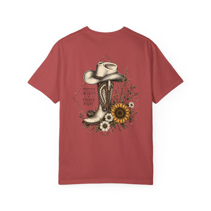 Cowboy Boot & Sunflower T-Shirt — "Rooted in Faith Raised Right"