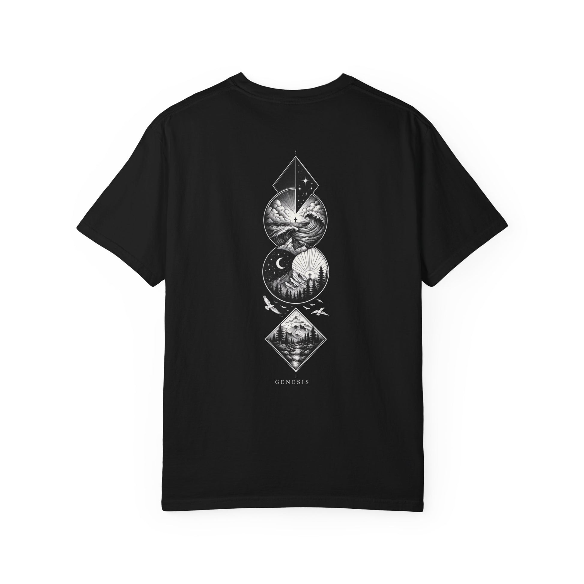 Black t-shirt with text on the back on a white background