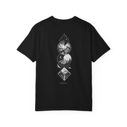 Black t-shirt with text on the back on a white background