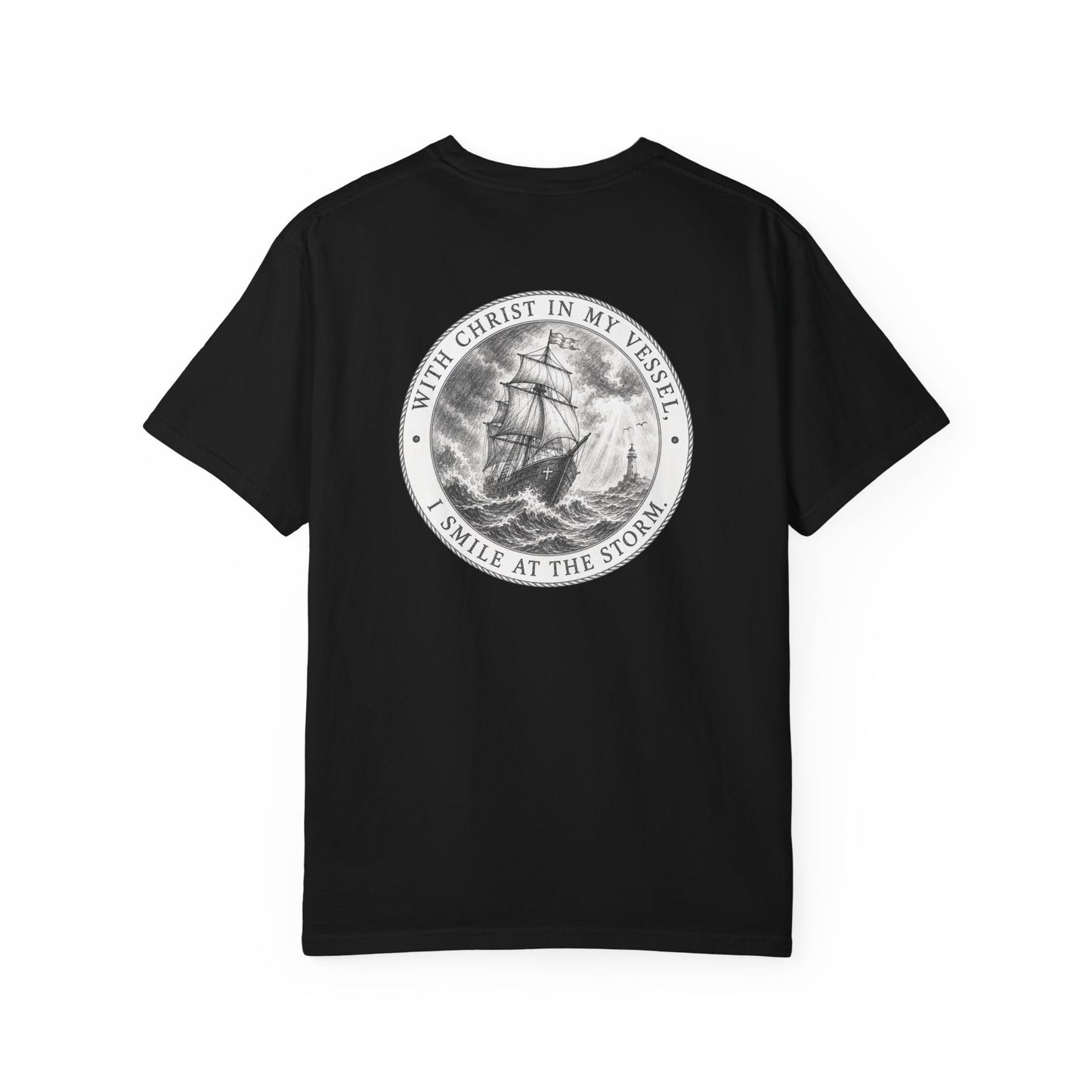 Black t-shirt with a ship graphic and text on a white background