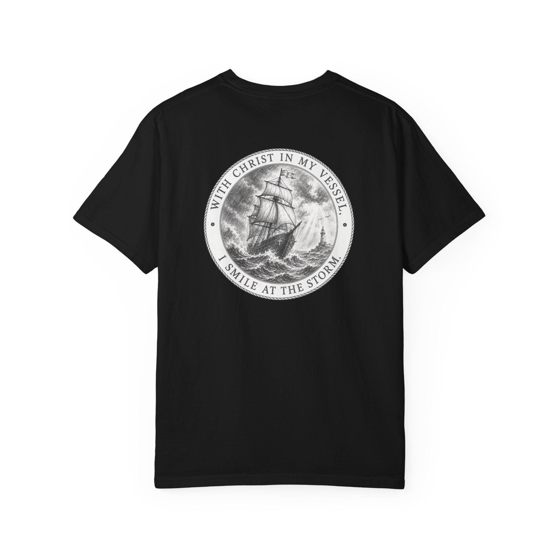 Black t-shirt with a ship graphic and text on a white background