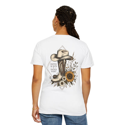 Cowboy Boot & Sunflower T-Shirt — "Rooted in Faith Raised Right"