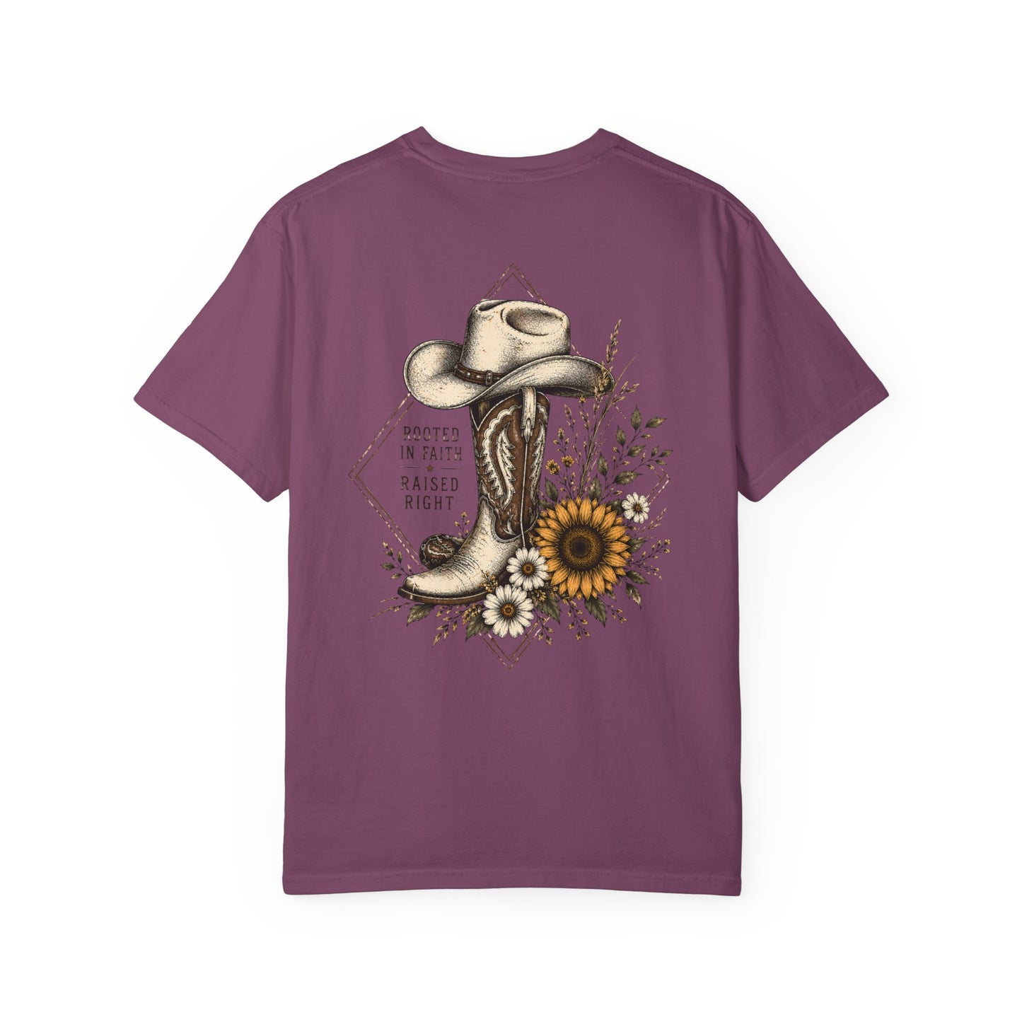 Cowboy Boot & Sunflower T-Shirt — "Rooted in Faith Raised Right"
