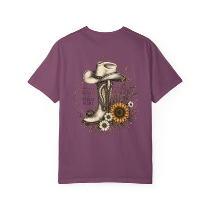 Cowboy Boot & Sunflower T-Shirt — "Rooted in Faith Raised Right"