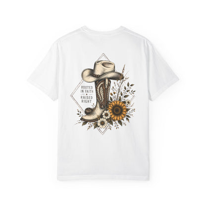 Cowboy Boot & Sunflower T-Shirt — "Rooted in Faith Raised Right"