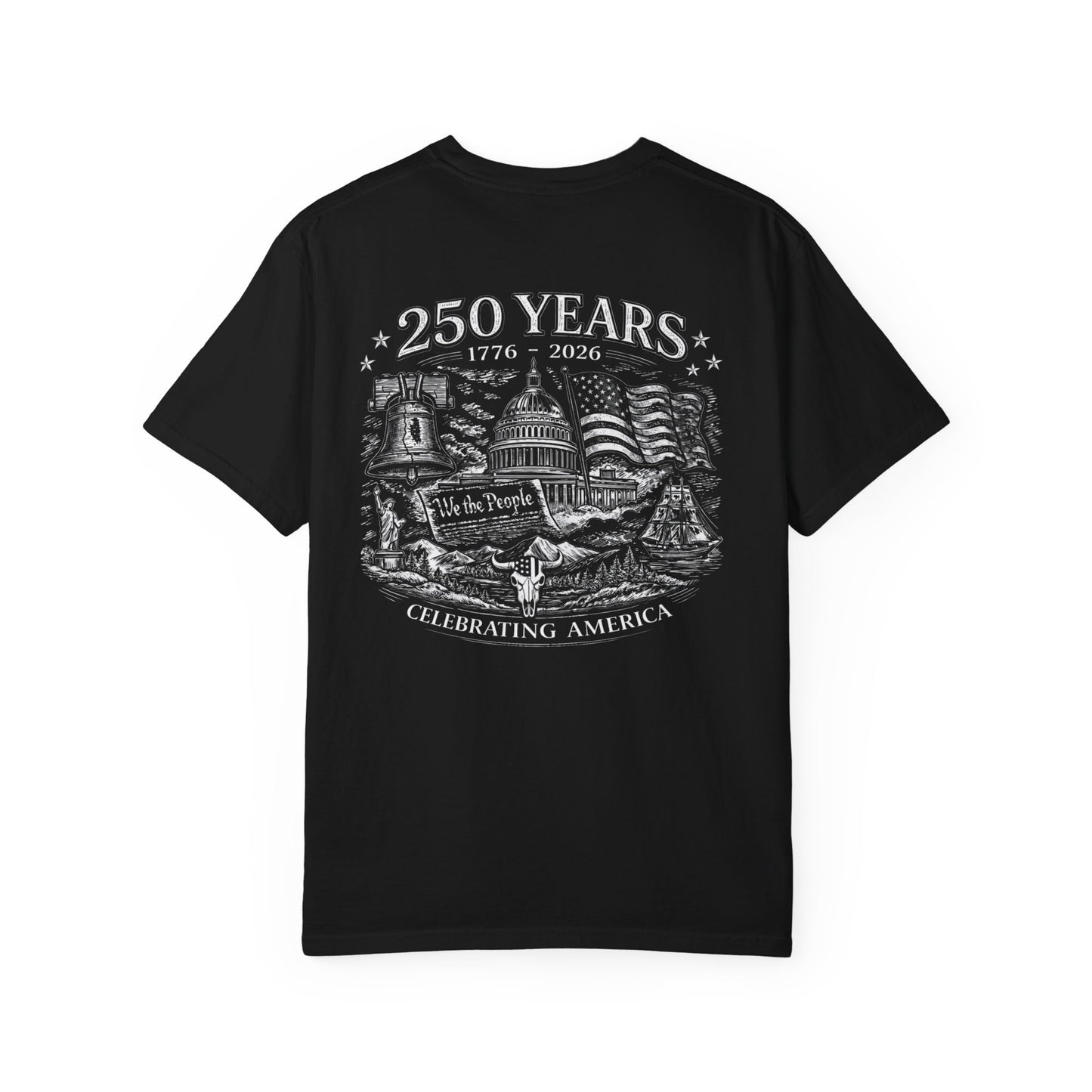 Black t-shirt with a graphic design celebrating 250 years of America on a white background