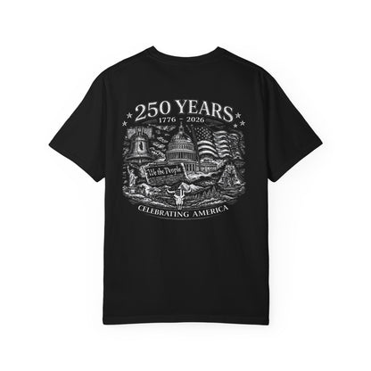 Black t-shirt with a graphic design celebrating 250 years of America on a white background