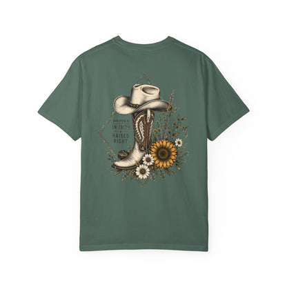 Cowboy Boot & Sunflower T-Shirt — "Rooted in Faith Raised Right"