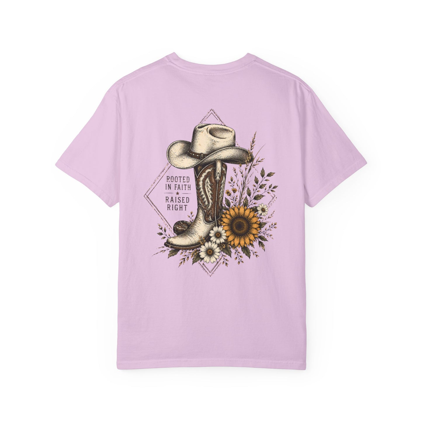 Cowboy Boot & Sunflower T-Shirt — "Rooted in Faith Raised Right"
