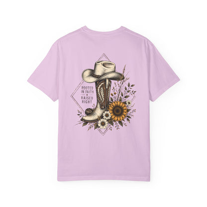 Cowboy Boot & Sunflower T-Shirt — "Rooted in Faith Raised Right"
