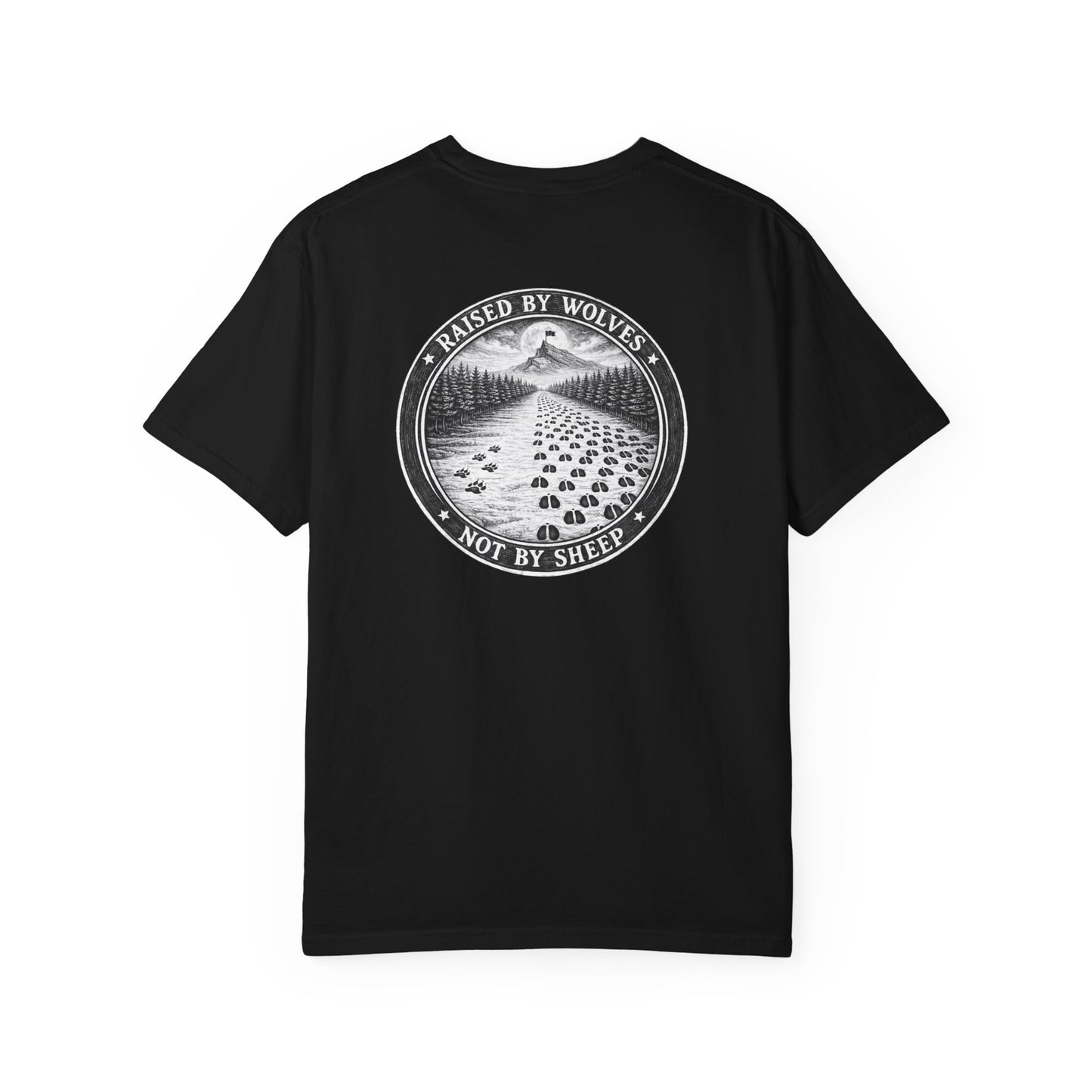 Black t-shirt with white graphic design on a white background