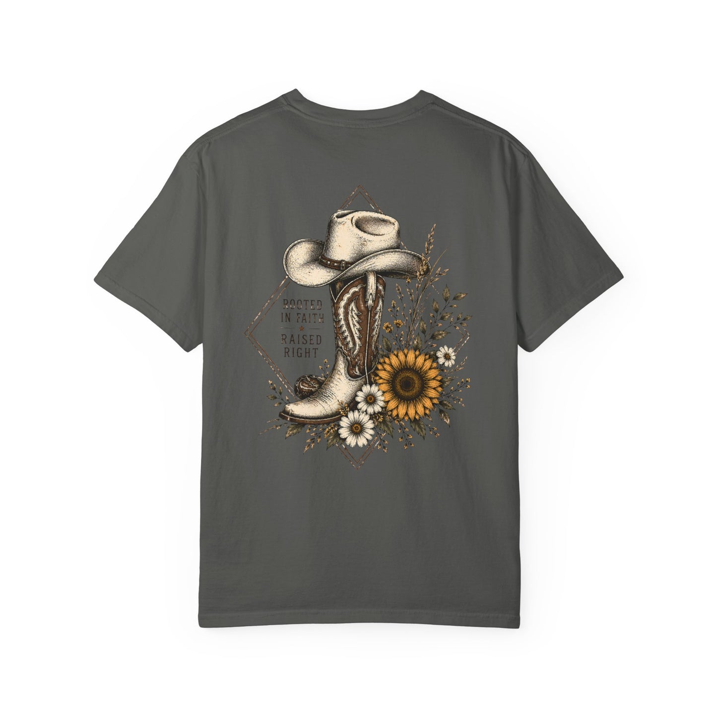 Cowboy Boot & Sunflower T-Shirt — "Rooted in Faith Raised Right"