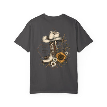 Cowboy Boot & Sunflower T-Shirt — "Rooted in Faith Raised Right"