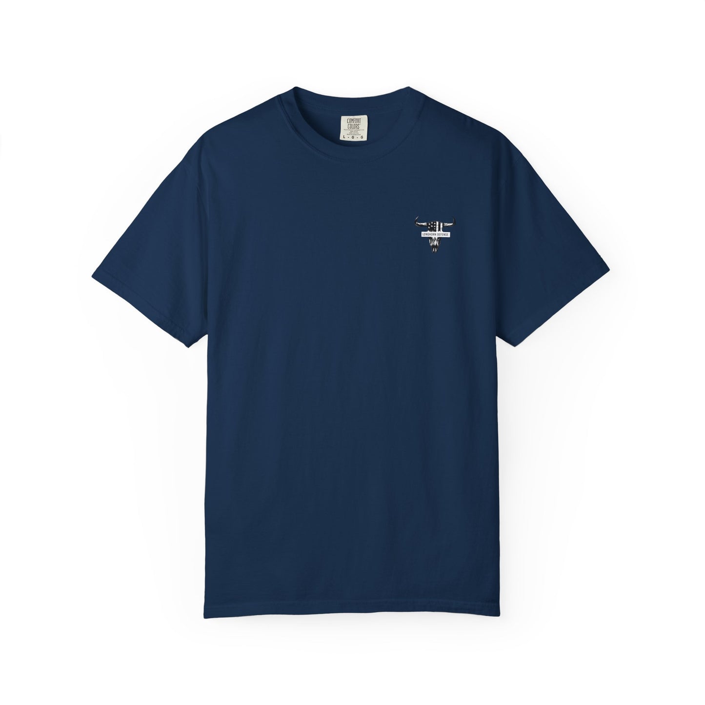 Navy blue t-shirt with a small logo on a white background