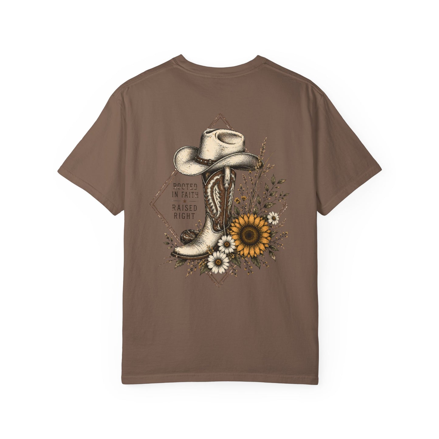 Cowboy Boot & Sunflower T-Shirt — "Rooted in Faith Raised Right"