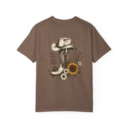 Cowboy Boot & Sunflower T-Shirt — "Rooted in Faith Raised Right"