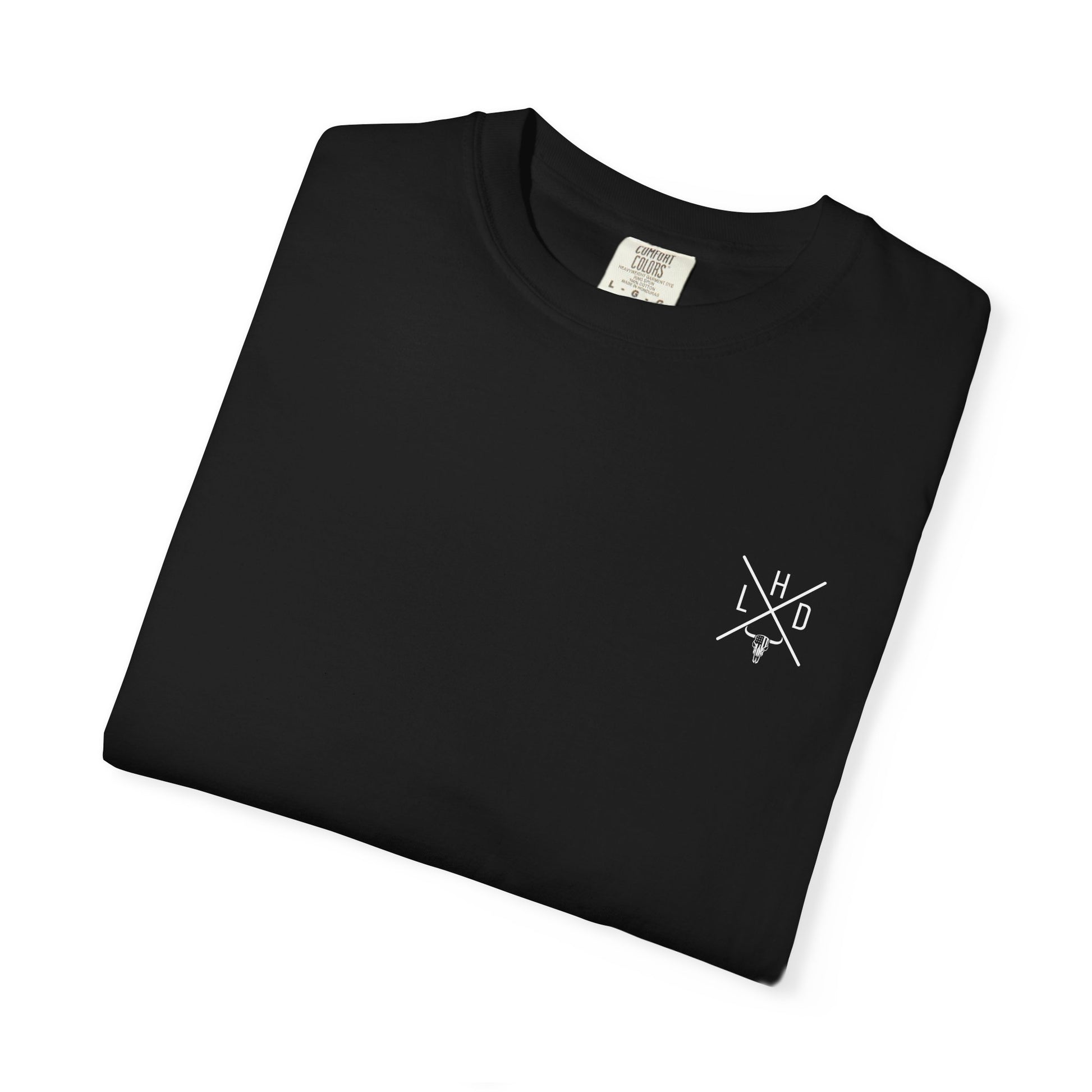 Folded black t-shirt with a white logo on a white background