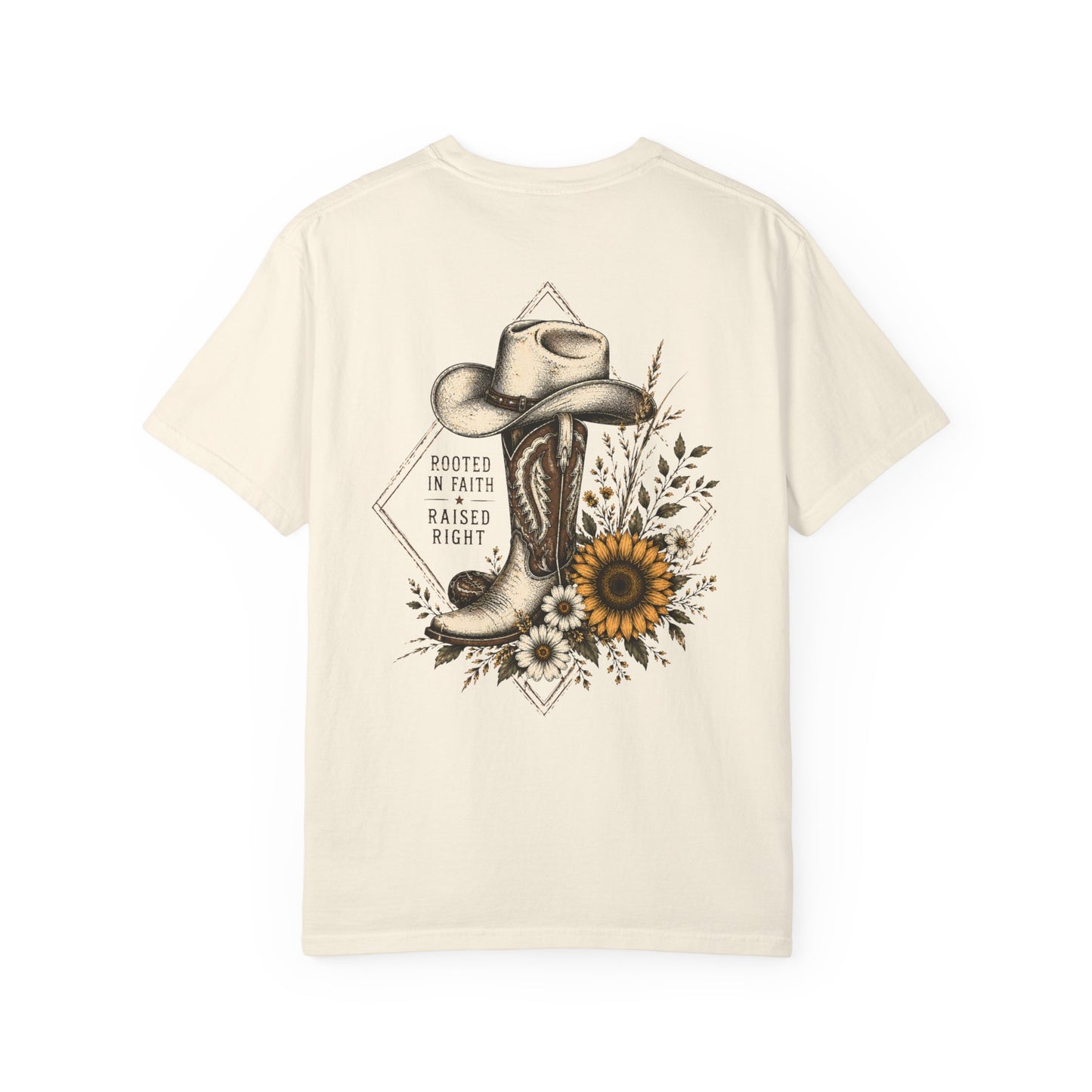 Cowboy Boot & Sunflower T-Shirt — "Rooted in Faith Raised Right"