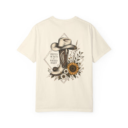 Cowboy Boot & Sunflower T-Shirt — "Rooted in Faith Raised Right"