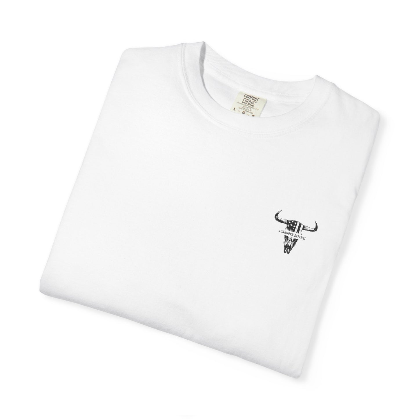 White t-shirt with a black logo on a white background