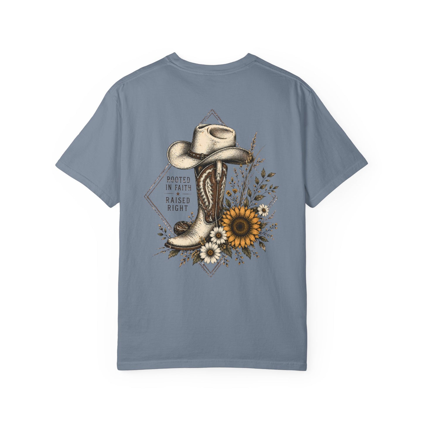 Cowboy Boot & Sunflower T-Shirt — "Rooted in Faith Raised Right"
