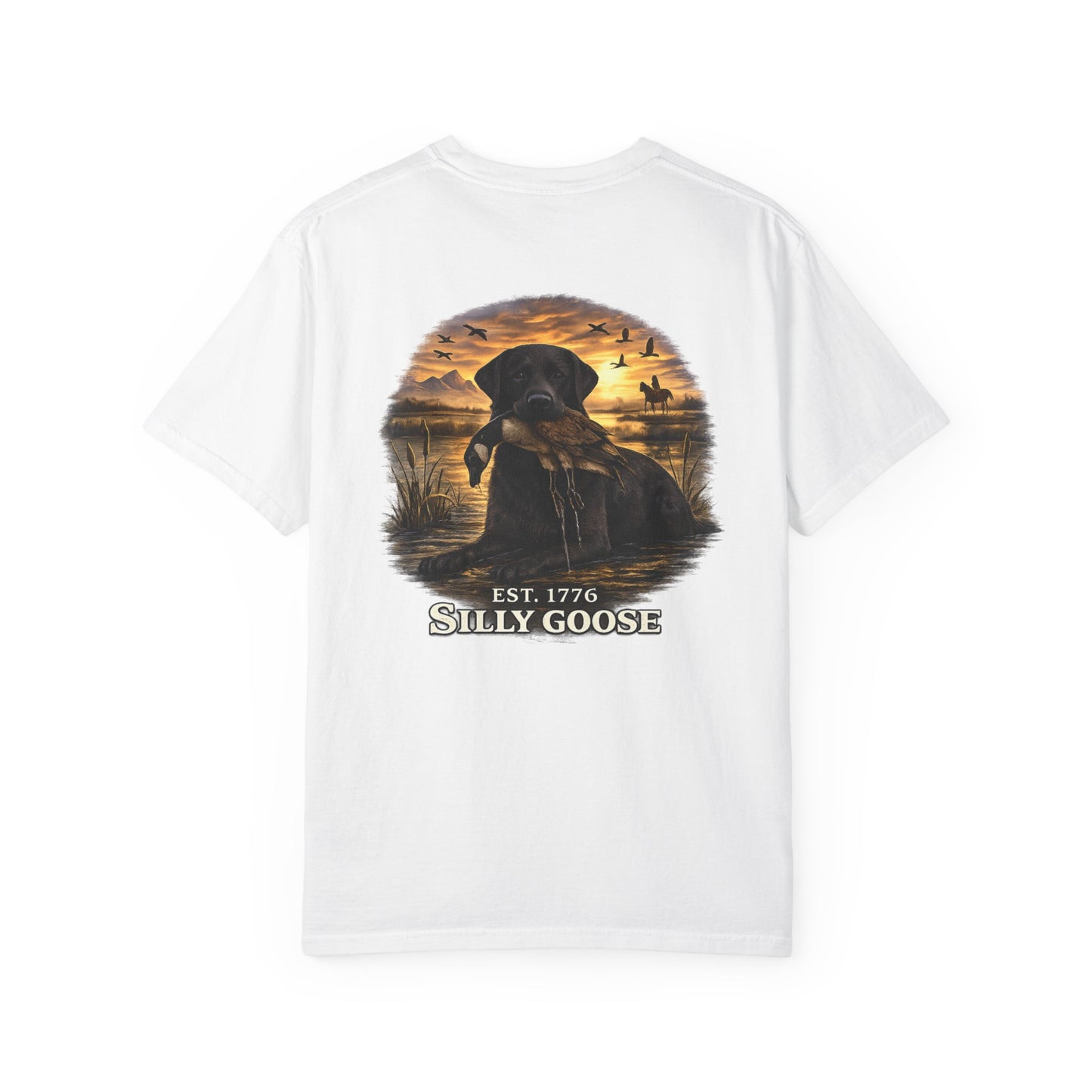 White t-shirt with a graphic of a dog and sunset scene on a white background