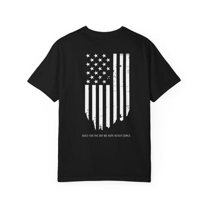 Black t-shirt with a white American flag design on the back against a white background