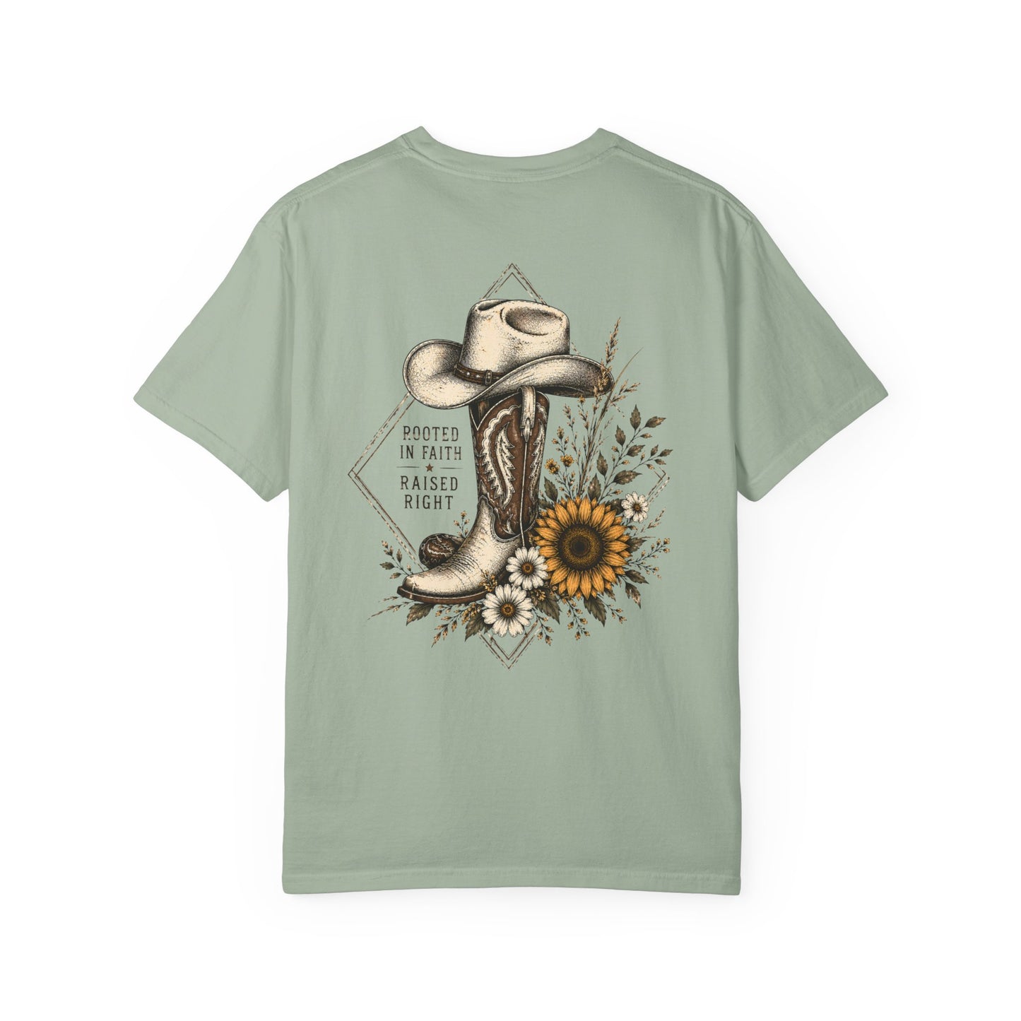 Cowboy Boot & Sunflower T-Shirt — "Rooted in Faith Raised Right"