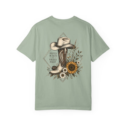 Cowboy Boot & Sunflower T-Shirt — "Rooted in Faith Raised Right"