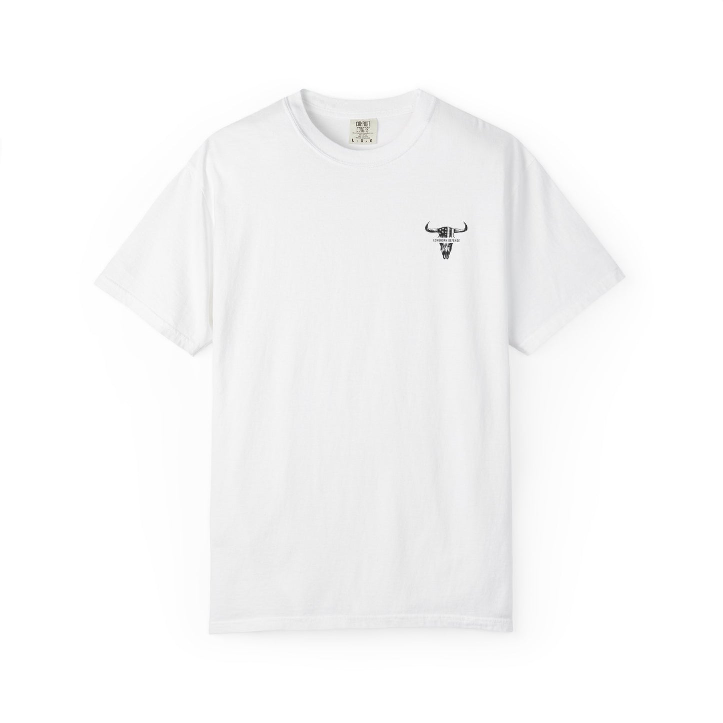 White t-shirt with a logo on a white background