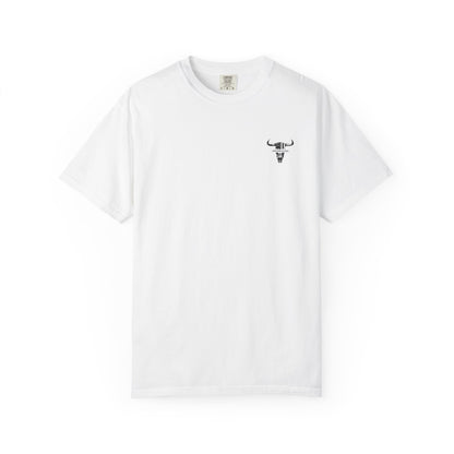 White t-shirt with a logo on a white background