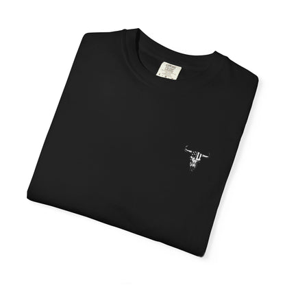 Folded black t-shirt with a small white logo on a white background