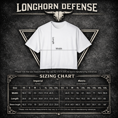 Longhorn Defense t-shirt size chart with measurements on a dark background