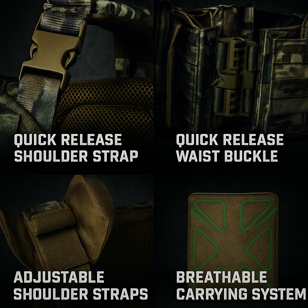  tactical gear with quick release features on a dark background