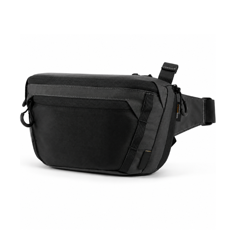 A black and dark gray crossbody bag with an adjustable strap, shown from a three-quarters angle on a white background.