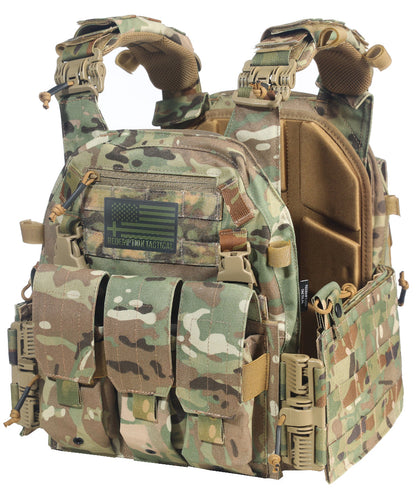 Camouflage tactical vest with multiple pouches and an American flag patch on a white background