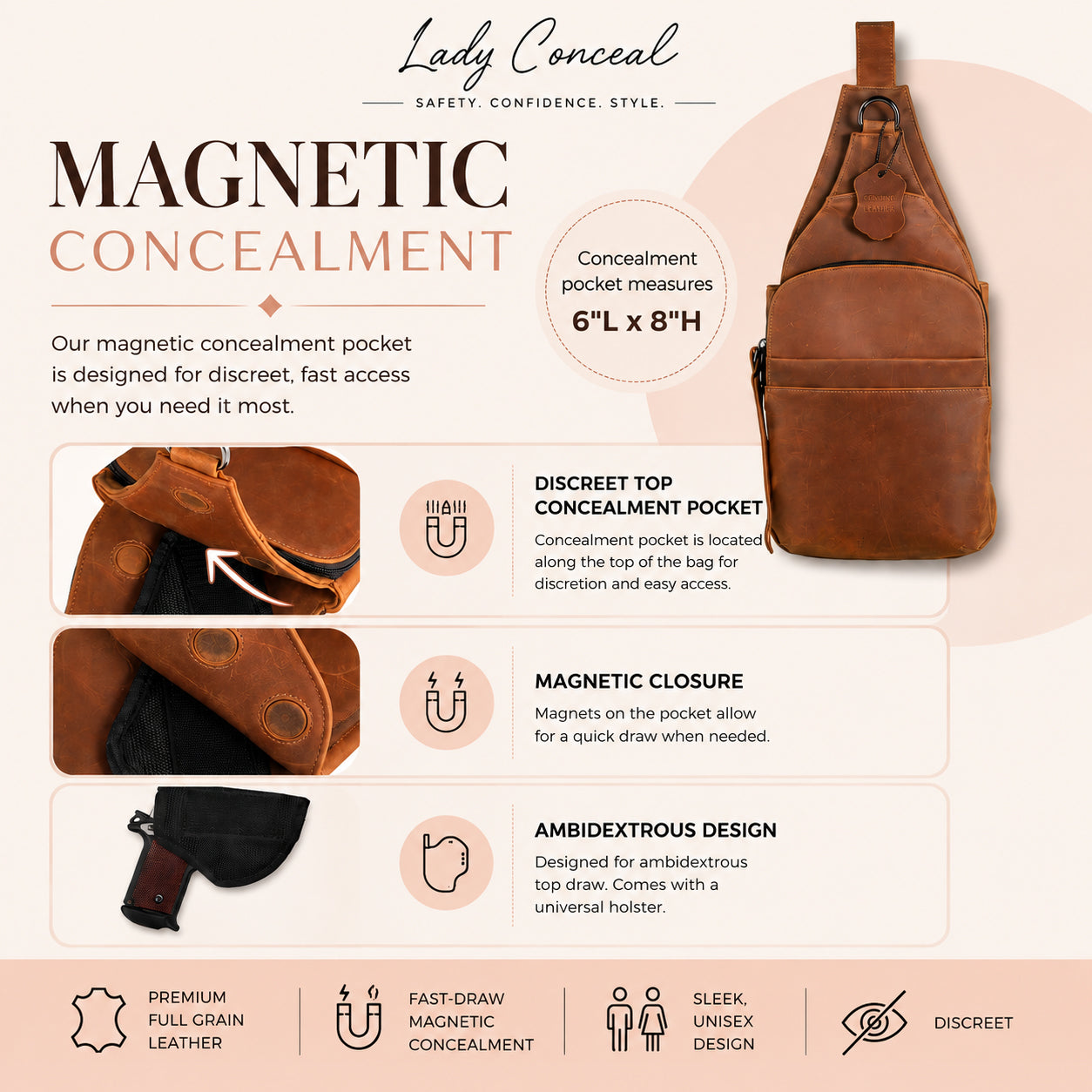 Concealed Carry Unisex Dakota Leather Sling by Lady Conceal - Large and Regular Size