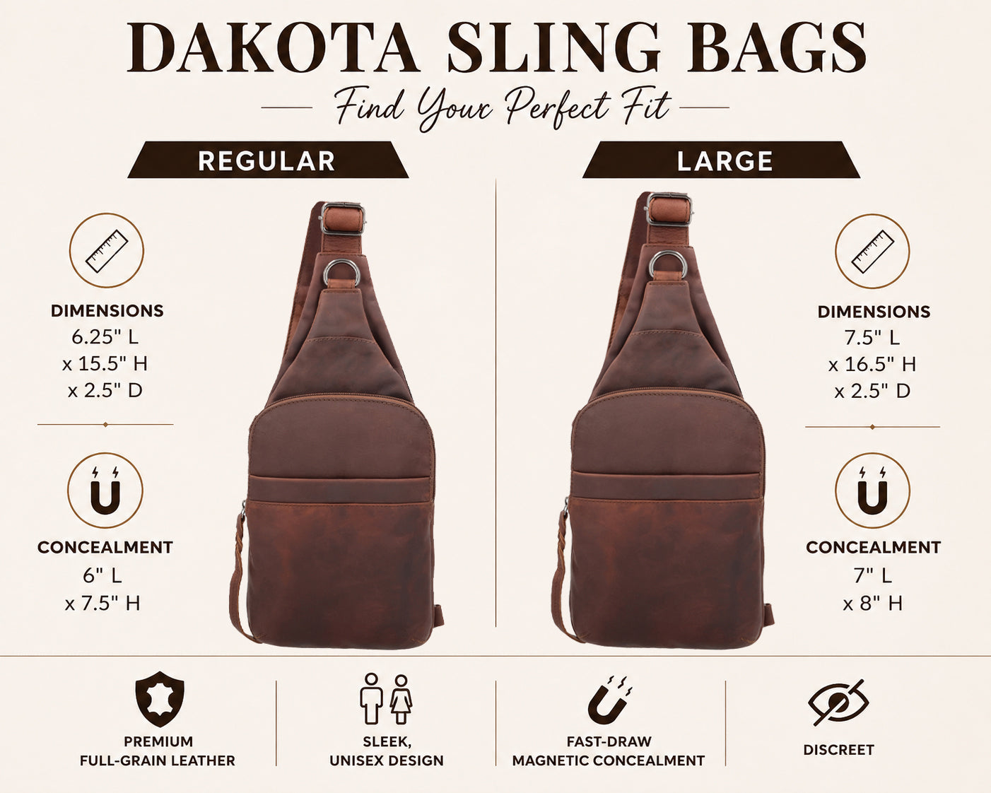 Concealed Carry Unisex Dakota Leather Sling by Lady Conceal - Large and Regular Size