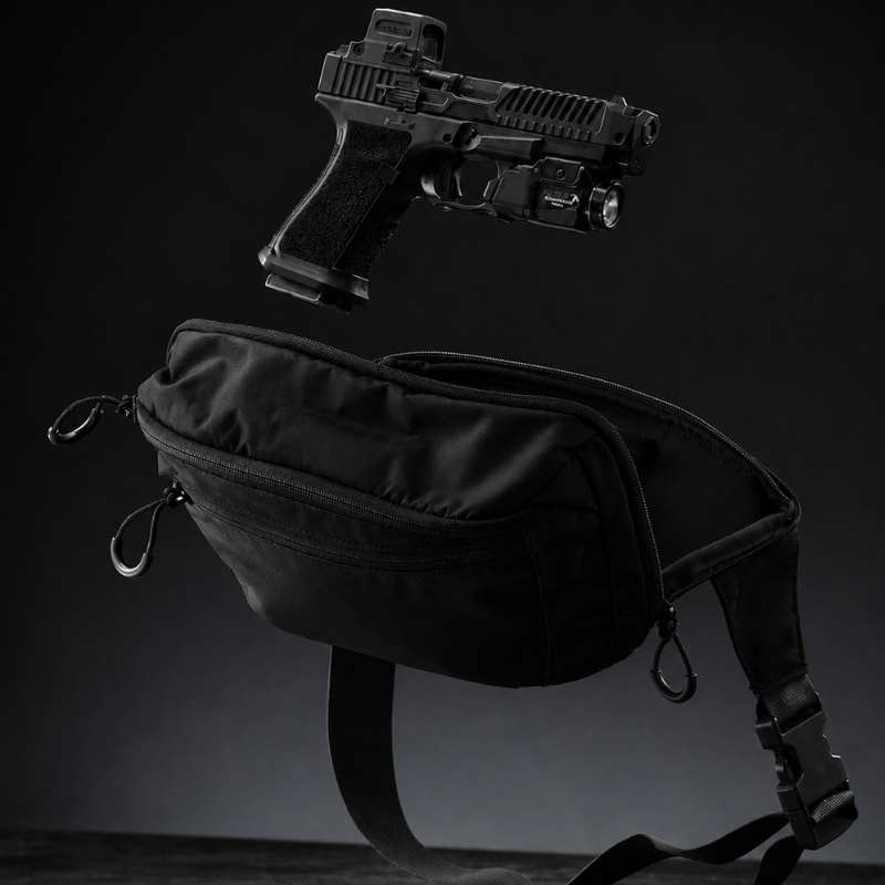 Black waist bag with a black gun on a dark background