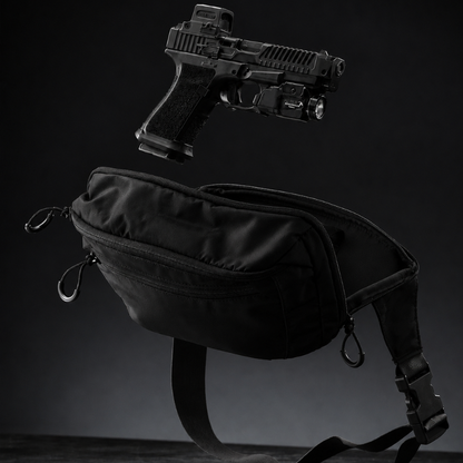 Black waist bag with a black gun on a dark background