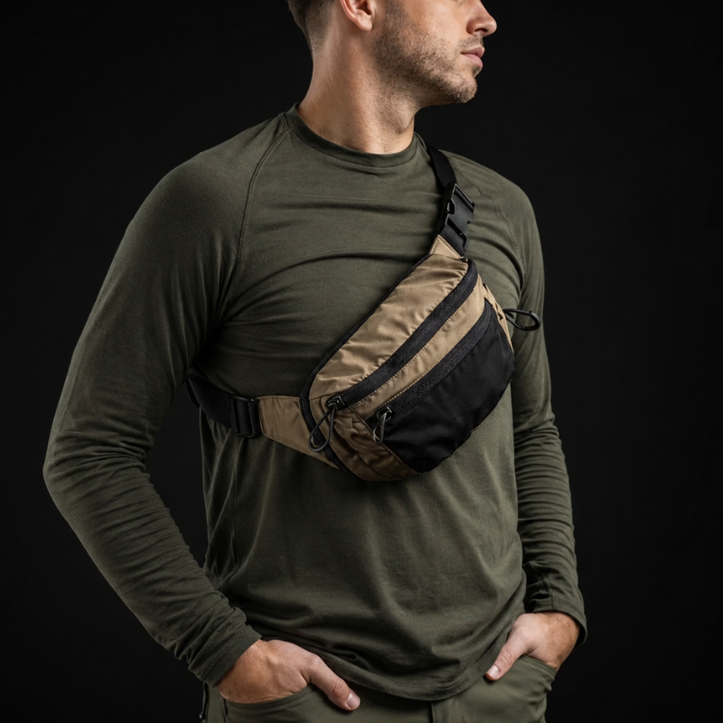 Man wearing a brown and black waist bag against a black background