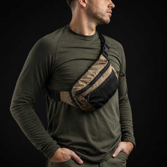 Man wearing a brown and black waist bag against a black background