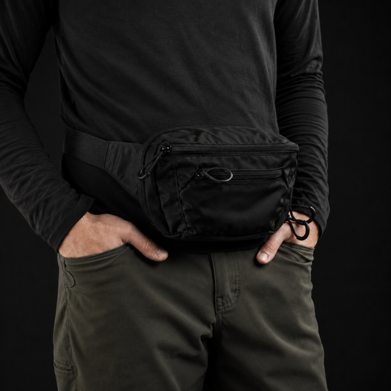 Person wearing a black waist bag with a plain background