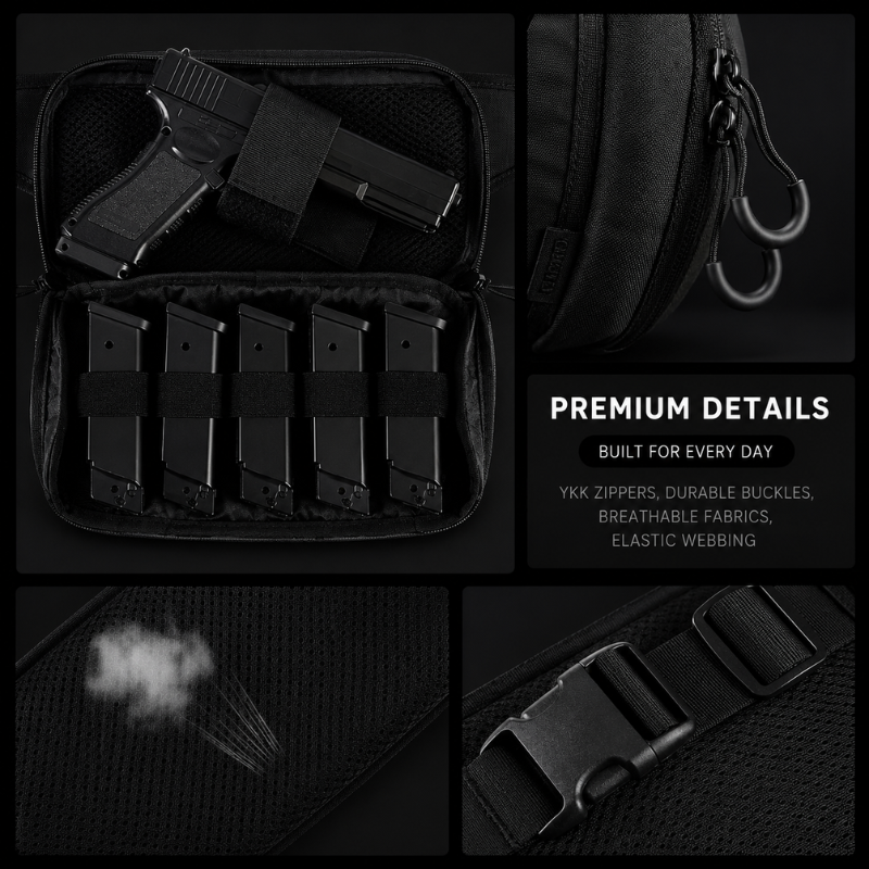 Black tactical bag with magazine pouches and premium details text on a black background