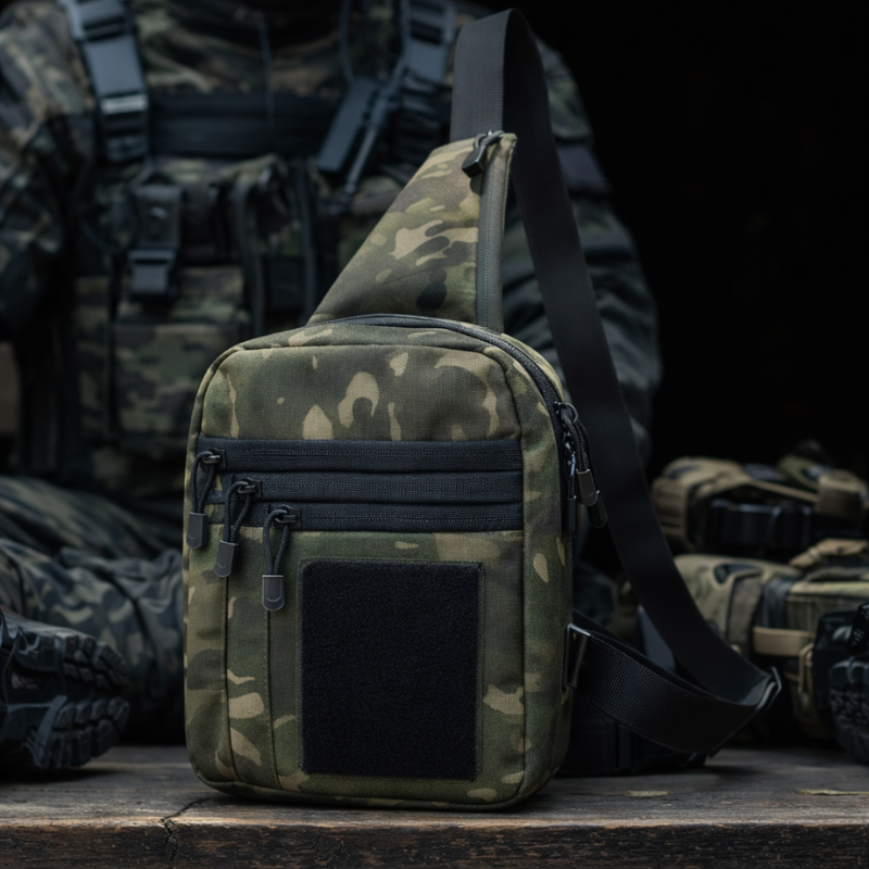 Camouflage sling bag with tactical gear in the background