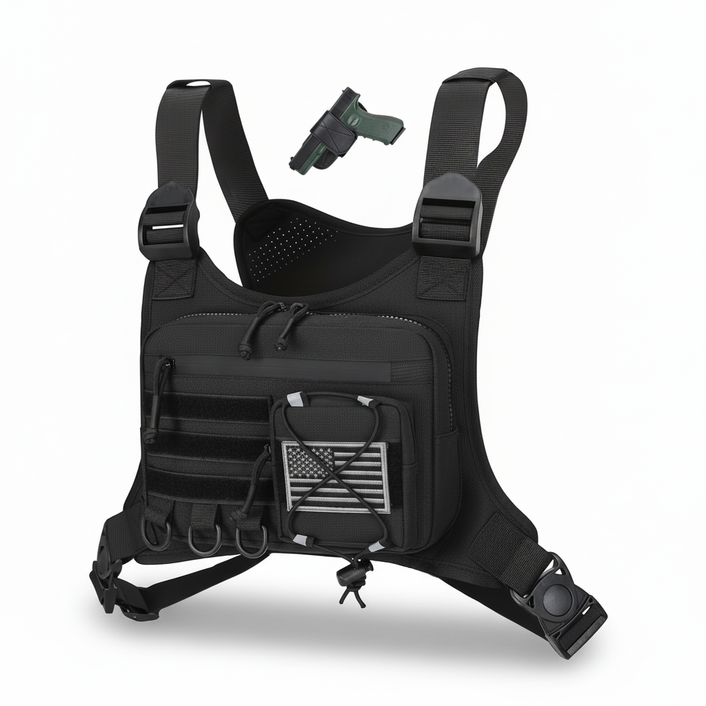 Black tactical vest with American flag patch on a white background